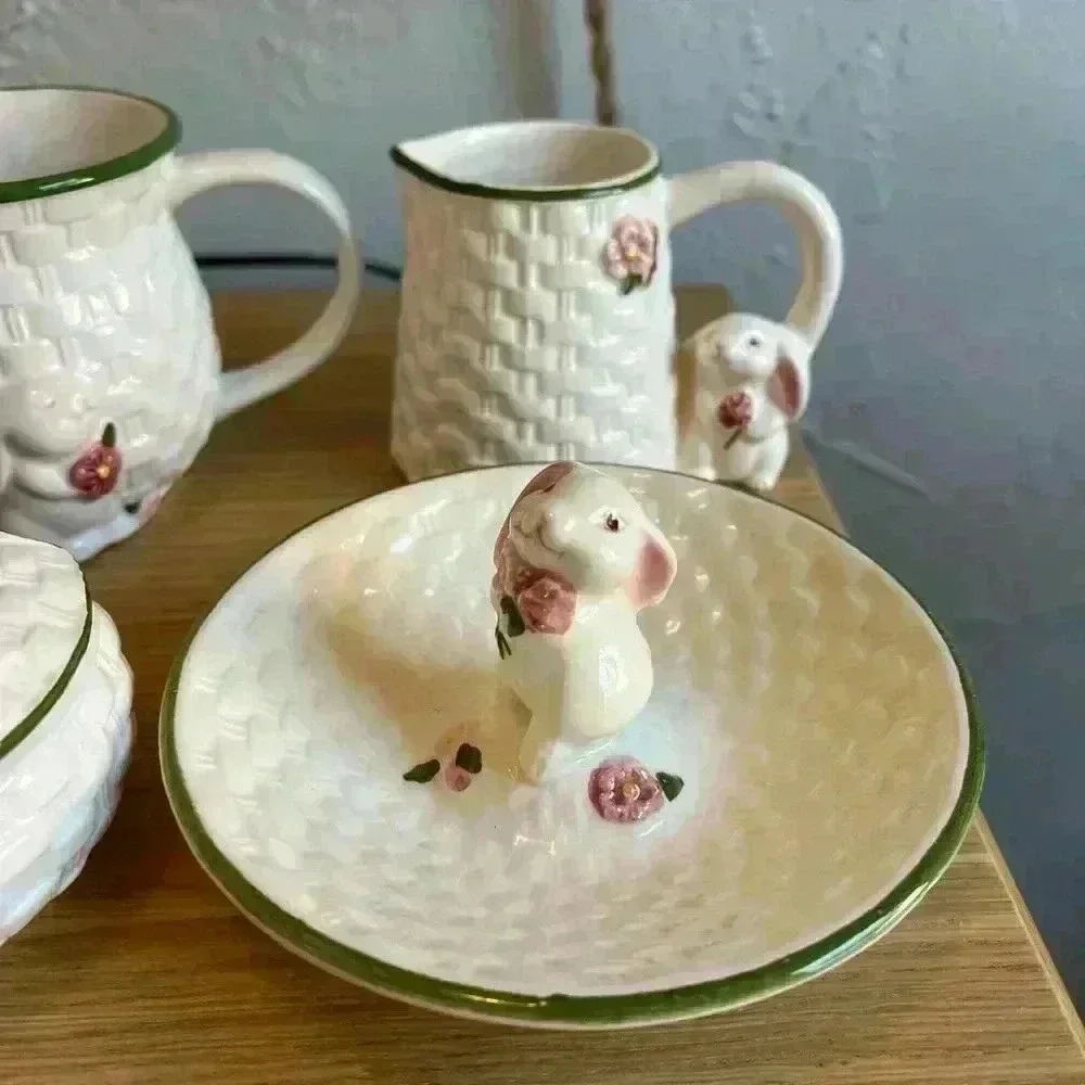 Vintage Avon Easter Bunny Ceramic Milk Pitcher, Sugar Box & Candy Dish Set